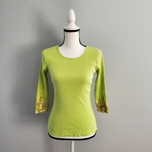 Coldwater Creek Green Ribbed Sequin Sleeve Top XS